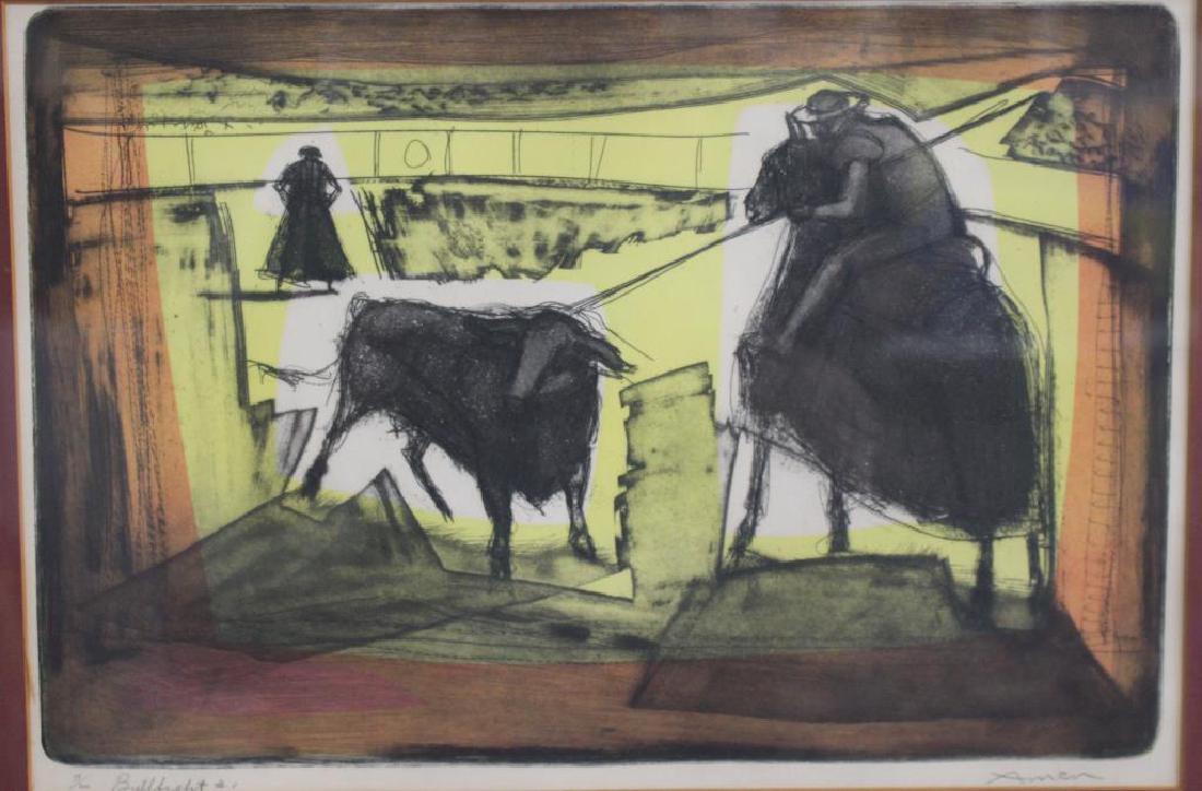 "Bullfight #1" Amen: Title and numbered (39/200) lower left. Signed lower right. Sight Size: 12.25 x 18 in. Overall Size: 17.5 x 23.5 in. This item is framed behind glass. After Picasso.