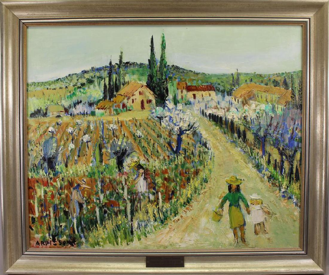 "Vines in Provence" Yolande Ardissone (born 1927): "Vines in Provence" Yolande Ardissone (born 1927) French oil on canvas painting depicting figures walking through a colorful countryside landscape. Signed lower left. Sight Size: 19 x 23.5 in. Yolande