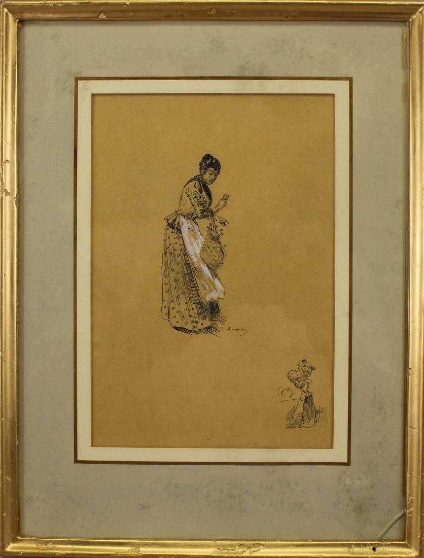 "The Maid" Henry Somm (1844 - 1907) Ex Christie's: "The Maid" Henry Somm (France, 1844 - 1907) Ink and goauche painting of a maid. Provenance: Robert Noortman Gallery (London). Christie's label verso. Image Size: 7.5 x 5 in.