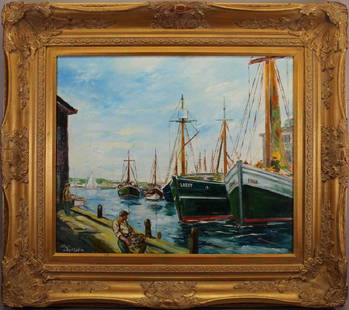 Karl Larsen (1897 - 1977): Karl Larsen (Denmark, 1897 - 1977) Oil on board painting of a harbor scene with fishermen in the foreground. Signed lower left. Sight Size: 19.5 x 23.5 in. Overall Size: 30 x 34.25 in.