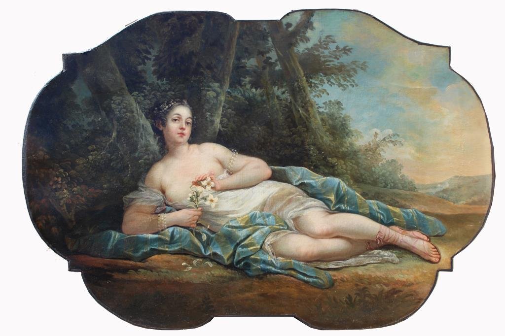 French School, Large 19th C. Reclining Nude: French School, Large 19th C. Reclining Nude Woman in Landscape. Appears to be unsigned. Exhibition stenciled numbers on stretcher verso. Overall Size: 39.5 x 58.5 in. Depicting a partial nude woman re