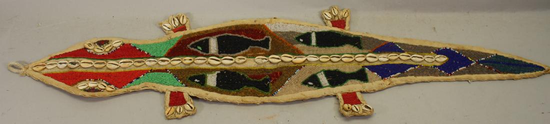 Aboriginal Style Alligator with Cowrie Shells: Aboriginal Style Alligator with Cowrie Shells, colorful beads throughout. Length: 38 in.