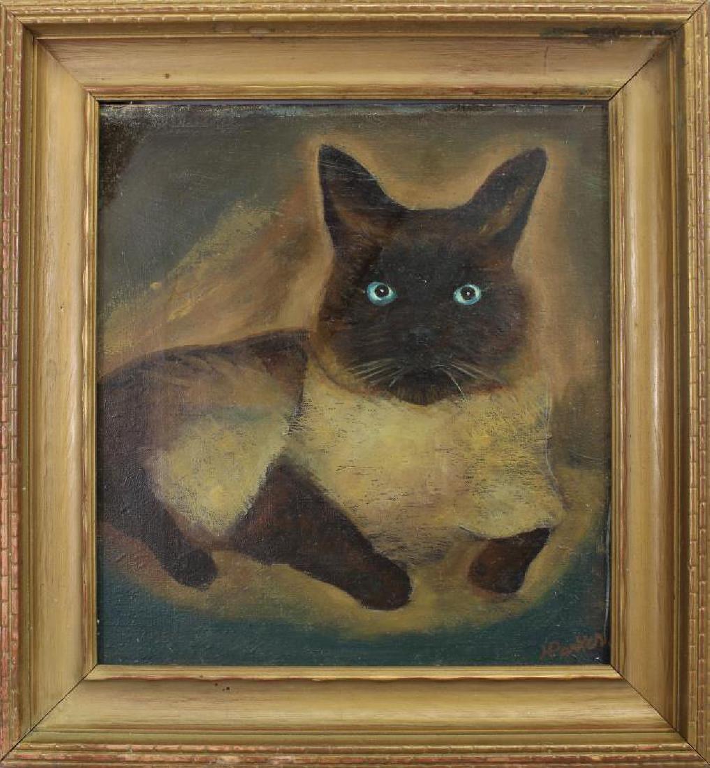 Harrison Parker Jr (California) Cat Portrait: Harrison Parker Jr (California) Cat Portrait. Oil on canvas painting of a crouched cat, blue eyes. Signed lower right. Sight Size: 11 x 11 in.