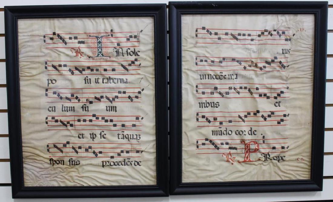 Pair of Gregorian Chant Folios on Vellum: Pair of Gregorian Chant Folios on Vellum. Overall Sizes: 22.5 x 18.5 in. Framed behind glass.