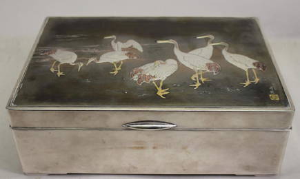 Japanese Meiji Period Silver Box, Gold Egrets