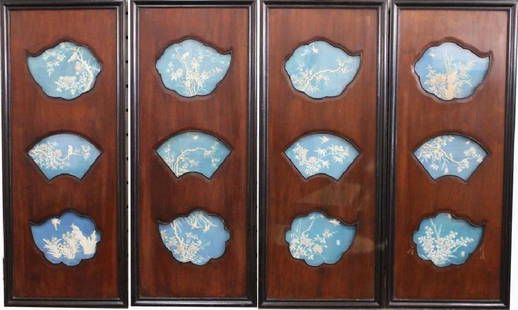 (4) Chinese Panels w/ Porcelain Inserts, Signed: (4) Chinese Panels w/ Porcelain Inserts, Signed. One inset signed in front. One glass panel cracked (see second photo). Overall Sizes: 38 x 15.5 in. Each plaque signed verso.