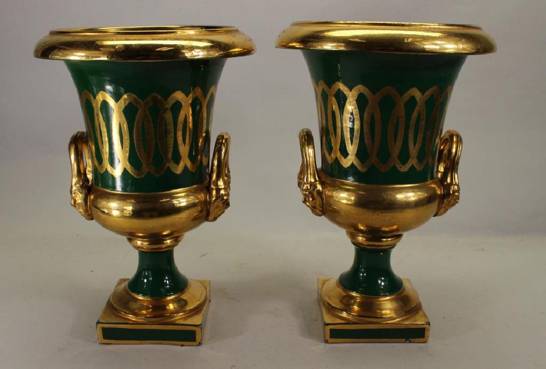 Twin Handled Gilt Italian Porcelain Garnitures: Twin Handled Gilt Italian Porcelain Garnitures. Marked on base. Height: 12.75 in.