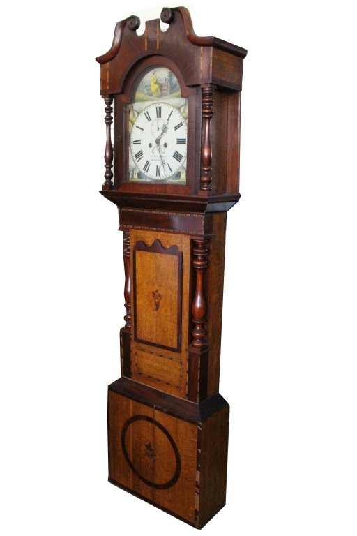 T Woodward Worcester English Grandfather Clock: Antique T. Woodward Worcester English Grandfather Clock. Hand painted face. Dimensions: 85 x 22 x 9.5 in. Includes pendulum and two weights. All clocks are sold for display purposes only. We do not gu