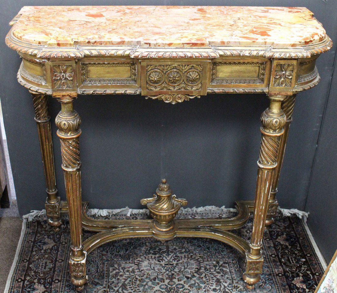 French Gilt/Carved Wooden Console Table w/ Marble Inset (1 of 2)