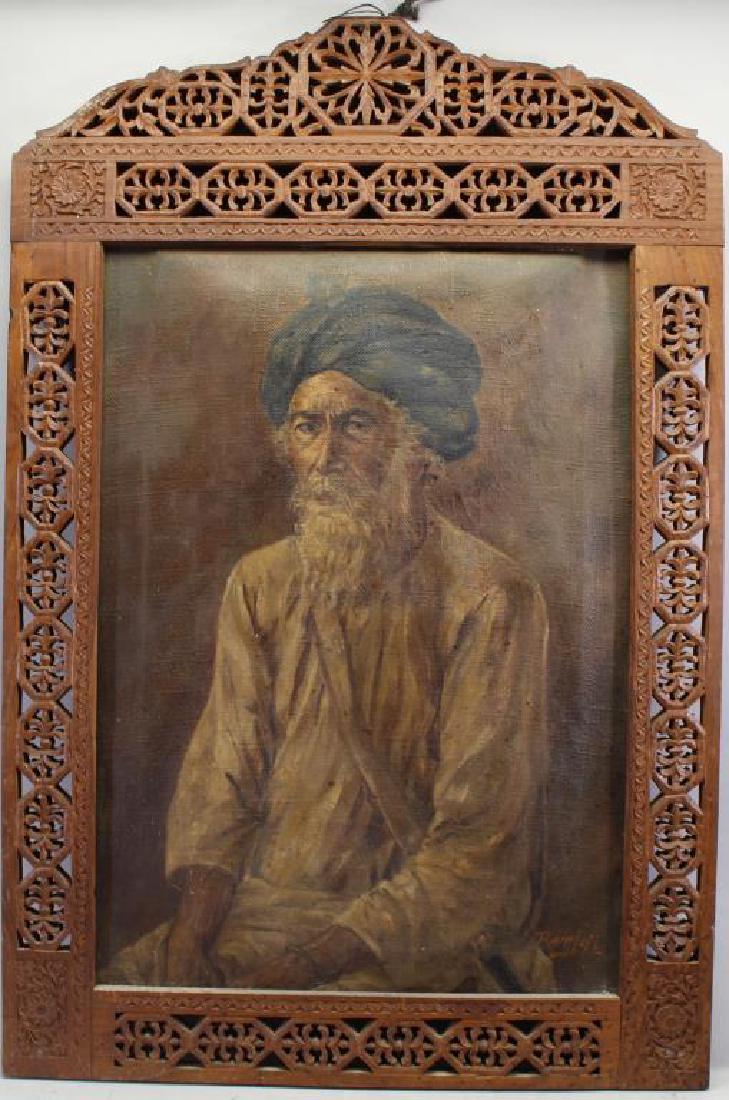 Antique Orientalist Portrait of Moorish Man, Signd: Antique Orientalist Portrait of Moorish Man, Signed. Oil on burlap. Housed in a reticulated frame. Signed lower right. Sight Size: 27 x 19 in.
