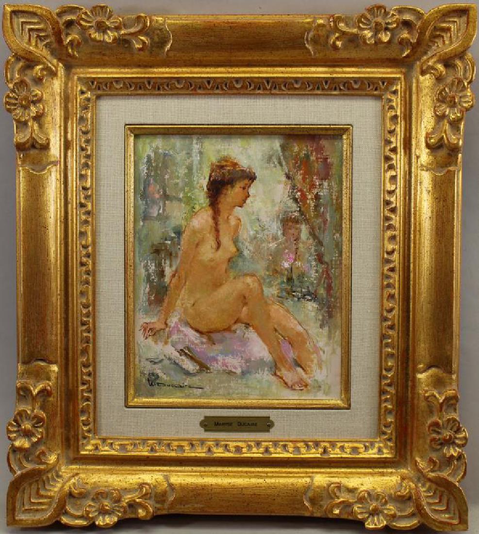 Maryse Ducaire-Rogue (France, 1911 - 1992): Maryse Ducaire-Rogue (France, 1911 - 1992) portrait of a reclining nude woman in an interior setting. Oil on board. Wally Findlay Gallery label verso. Signed lower left. Sight Size: 9 x 7 in.
