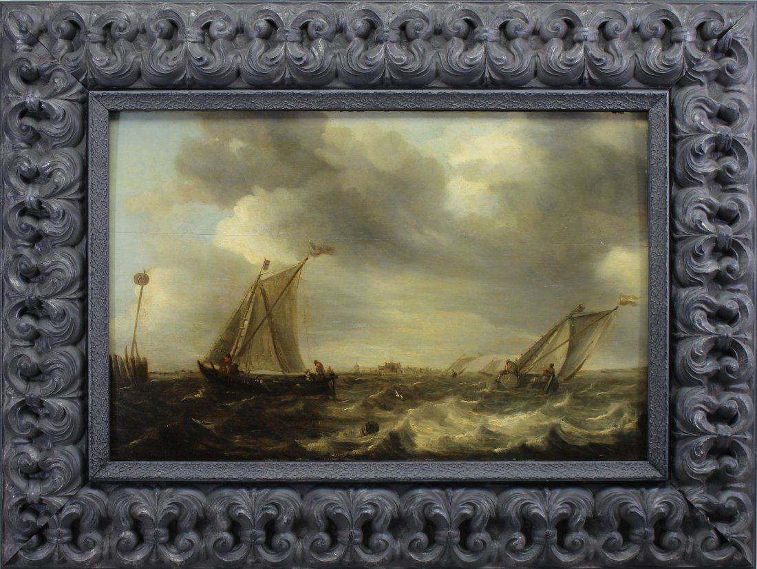 Abraham van Beyeren (1620 - 1690) Ex Christie's: Abraham van Beyeren (Netherlands, 1620 - 1690) Oil on board painting of ships in rough seas near the coast. Monogrammed. Partial label verso. Size: 14.5 x 22 in. Unframed. Abraham van Beyeren (Dutch,