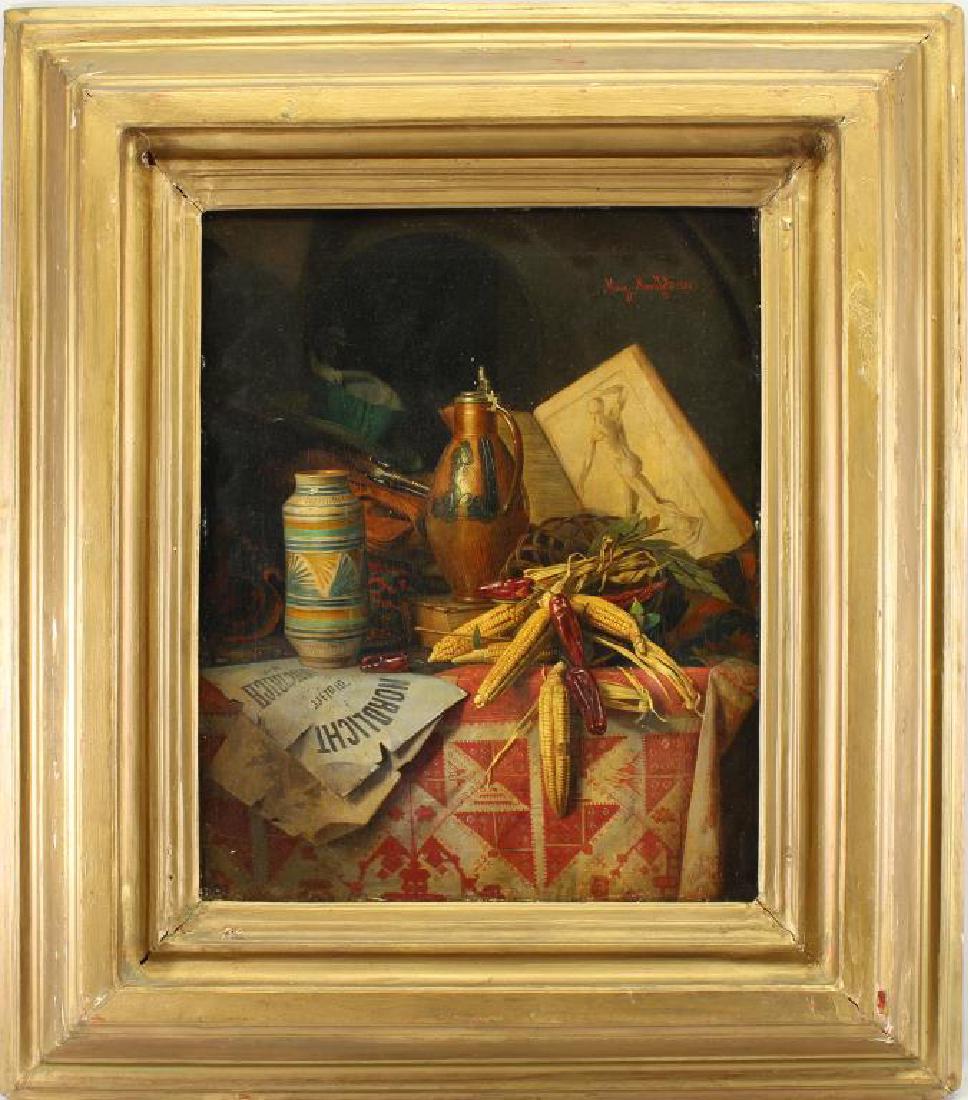 Moritz Mansfeld (fl.1850 - 1890) Ex Christie's: Moritz Mansfeld (Austria, fl.1850 - 1890) Oil on canvas still life painting. Signed and dated upper right. Christie's label verso. Sight Size: 16.25 x 13 in. Overall Size: 26 x 23 in.