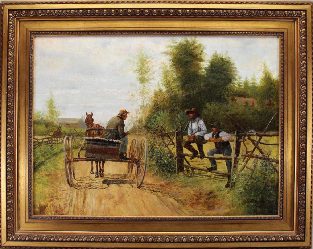 Johan Muller (19th C) "Passing on the Latest News": Johan Muller (19th C) "Passing on the Latest News". Oil on canvas. Signed lower right. Sight Size: 21.5 x 29.5 in.