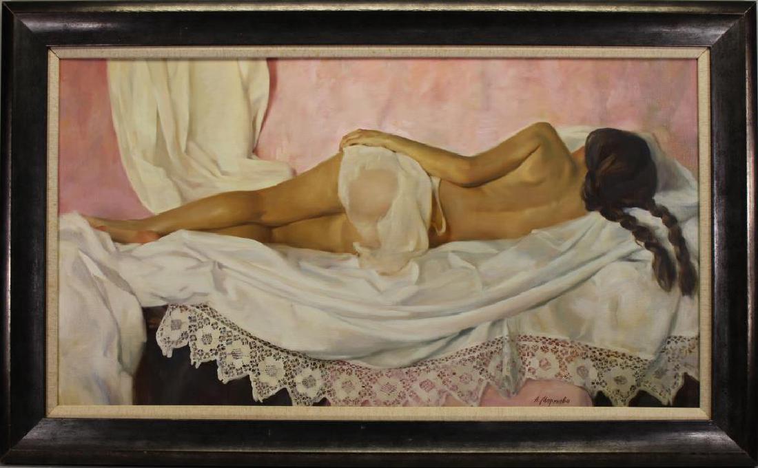 Anna Marinova (Russia, 20/21st century) Nude: Anna Marinova (Russia, 20/21st century) oil on canvas painting of the backside of a reclining nude woman. Signed lower right. Christie's label verso. Sight Size: 19 x 35 in. Overall Size: 25.5 x 41 in