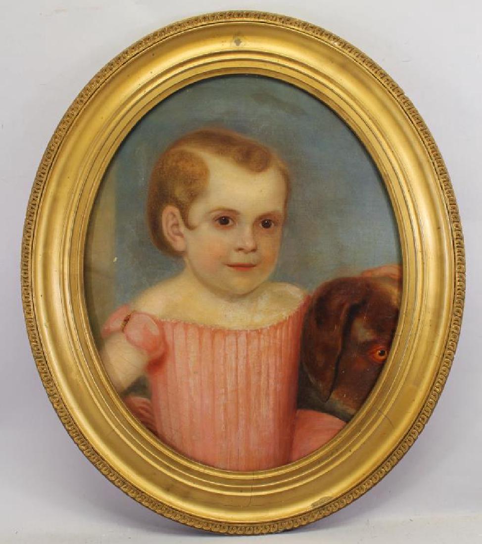 American School, 19th C Portrait Girl & Dog (1 of 3)