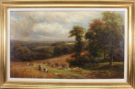 1888 George Turner "Harvesting in Derbyshire": 1888 George Turner "Harvesting in South Derbyshire". George Turner (1782 - 1820) oil on canvas landscape. Titled and dated verso. Signed lower left. Sight size: 17 x 29 inches.