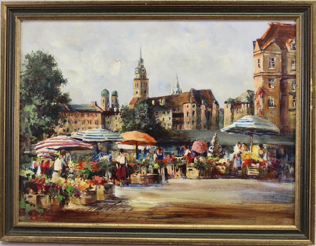 Signed 20th C. European Painting of Flower Market (1 of 4)