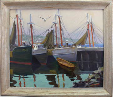 L Ben Wright (born 1947) Harbor Scene: L Ben Wright (born 1947) Harbor Scene. Oil/Canvas. Signed lower right. Sight Size: 19.5 x 23.5 inches.