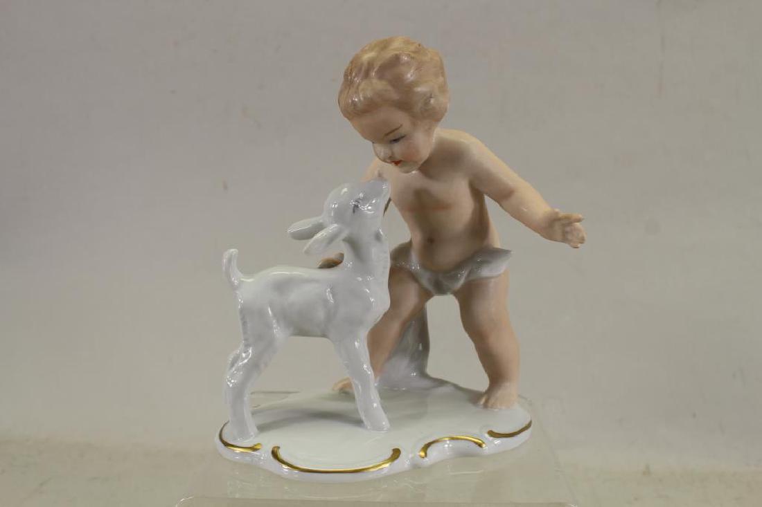 Hummel Goebel Porcelain Figure of Young Child: Hummel Goebel Porcelain Figure of Young Child with Pet. Marked on base. Height: 5.5 in.