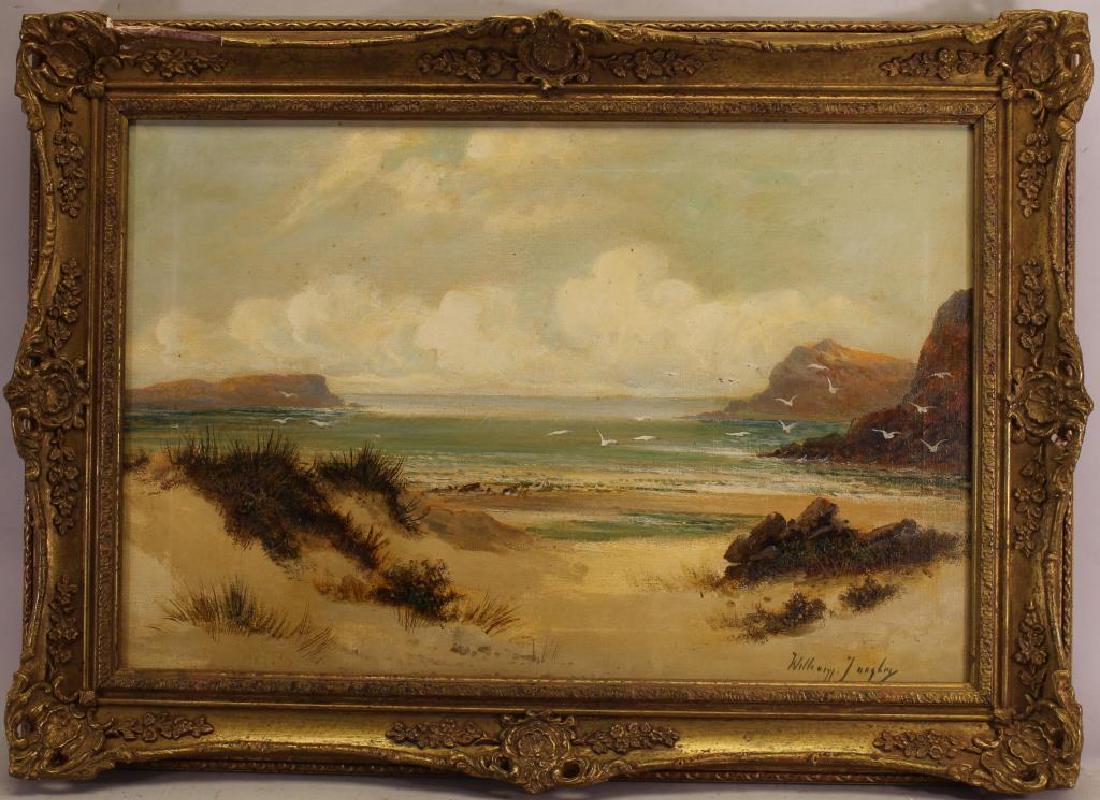 William Langley (UK, 1852 - 1922): William Langley (UK, 1852 - 1922) Painting of a tranquil beach scene with seagulls in flight. Signed lower right. Label verso. Oil/Canvas. Sight Size: 15 x 23 in.
