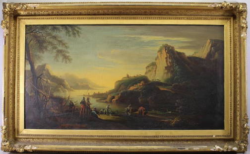 Attr. Claude-Joseph Vernet (1714 - 1789): Attr. Claude-Joseph Vernet (1714 - 1789) coastal landscape with figures. Oil on canvas. Appears to be unsigned. has not been examined out of the frame. Inscribed verso. Sight Size: 19 x 36.75 in. Over