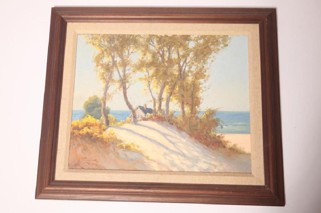 Joseph Tomanek 1889-1974 Oil on Board: Joseph Tomanek 1889-1974 Oil on Board Beach house scene Sight Size: 17 1/2 x 15 inches