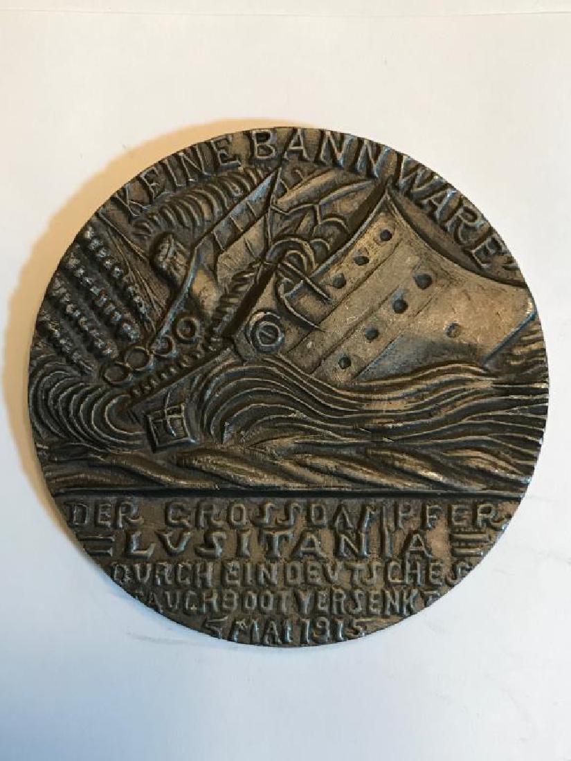 1915 Sinking of the Lusitania Medal: 1915 Sinking of the Lusitania Medal, German Version dated Mai 1915; the Lusitania was an ocean liner run by the Cunard Line and sunk by a German submarine during World War I, nearly 1200 people lost t