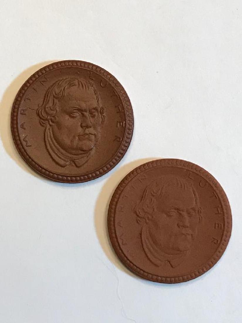 1921 Two (2) German Notgeld Porcelain Coins: 1921 Two (2) German Notgeld Porcelain Coins from Eisenach, 1 mark coins with image of Martin Luther, 32 mm wide, not the 1 mark that is 30 mm wide