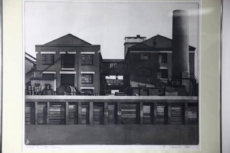 Sidney Hurwitz (born 1932) Thames 1976: Overall: 27 1/4 x 30 1/4 Sight: 20 x 24 Medium: Etching - Aquatint Condition: Great, commensurate with age Thames Series VII - Chimney Sidney J. Hurwitz is active/lives in Massachusetts / Germany. 