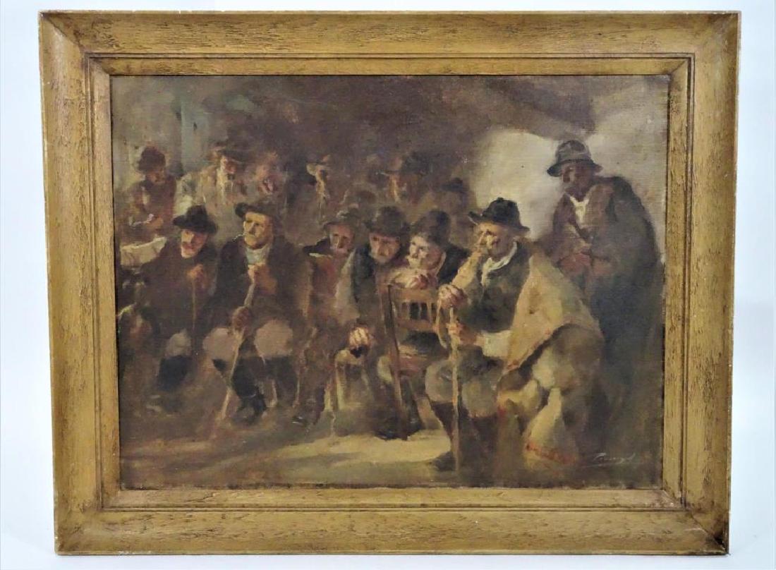 Attributed to Gaetano Previati, Italian (1852-1920): Signed, Oil on Canvas, attributed to Gaetano Previati.Gathering of men.Indistinctly signed lower rightSight: 12 x 31"Overall: 30 x 37 1/2"