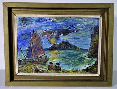 Signed David Burliuk (1882 - 1967), Sorrento Italy 1950: Signed, David Burliuk (1882-1967), Sorrento Italy 1950 titled on lower right. Signed lower left, Medium: Oil on board. Verso Titled "Moon rise over Vesuvius Italy 1950" and signed verso as well. Overa