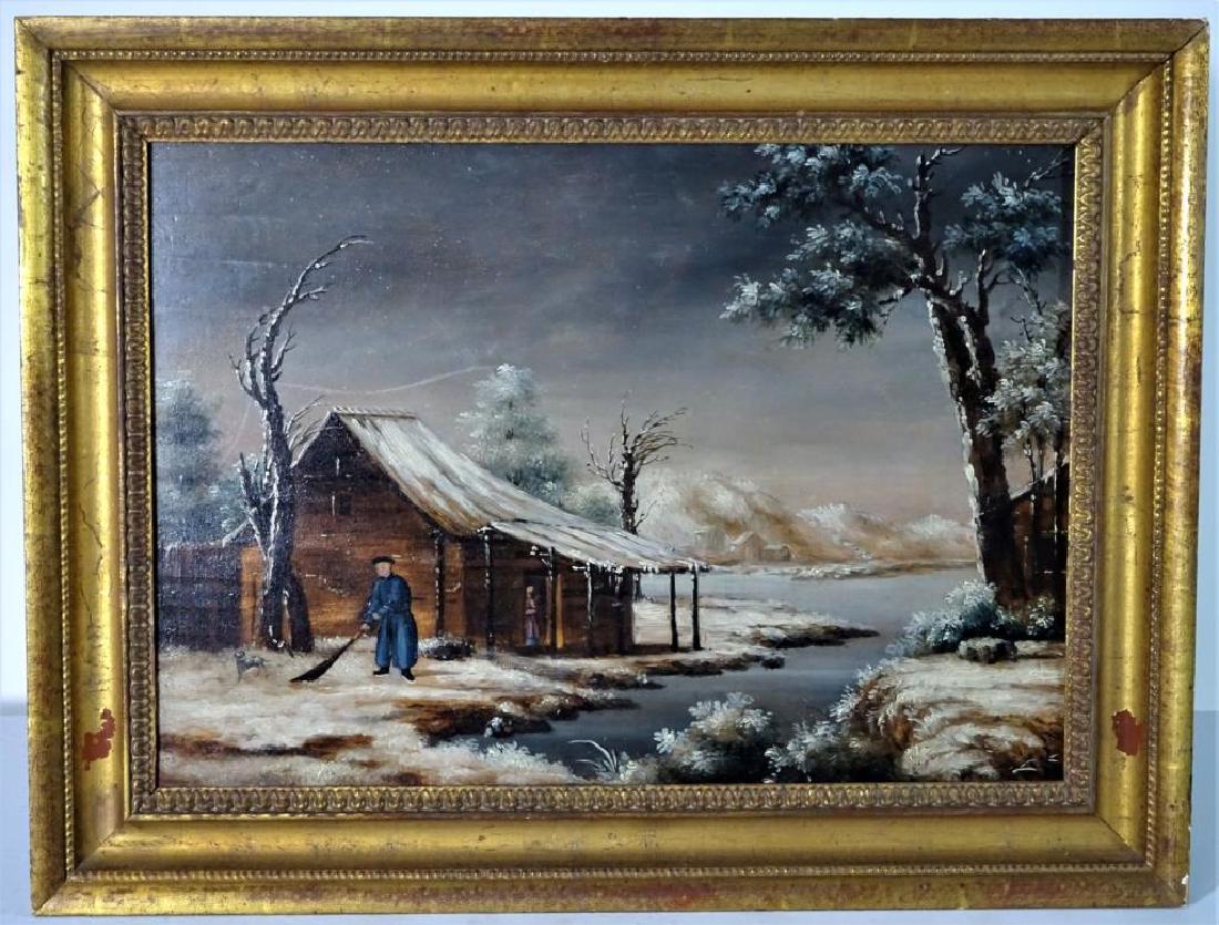 19th C. Chinese village winter scene, Oil/Board (1 of 3)