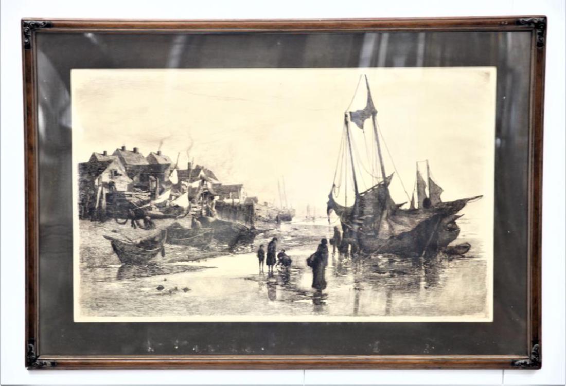 Stephen Maxfield Parrish (1846-1928): Signed bottom left, dated 1882. Harbor Scene Large Folio Dry Point Etching Overall: 30 1/2" x 44" Sight: 22" x 36" Stephen Maxfield Parrish (1846-1928) During the 1880s, Stephen Parrish was one of the