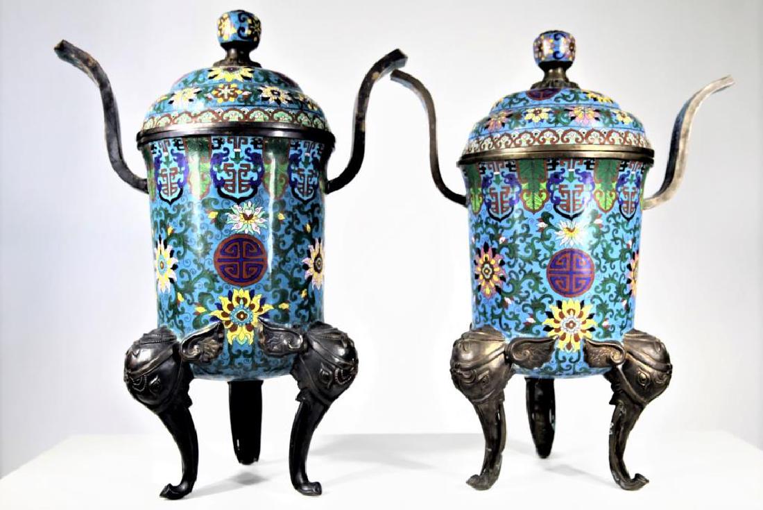 Pair of Finely Enameled Cloisonne' Covered Censers: Pair of Finely Enameled Cloisonne' Covered Censors Blue Enameled interior Size: 17 x 9 x 24 inches