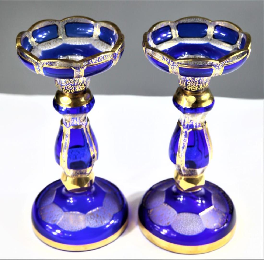 Pair of candle holders with cobalt blue overlay (1 of 4)