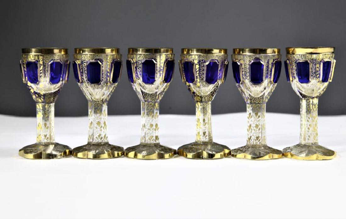 (6) cordials with cobalt blue panels, Moser-type: Set of six (6) cordials with cobalt blue panels and gold enameling, scalloped base, Moser-type, 3 1/4” h x 1 7/16” rim,