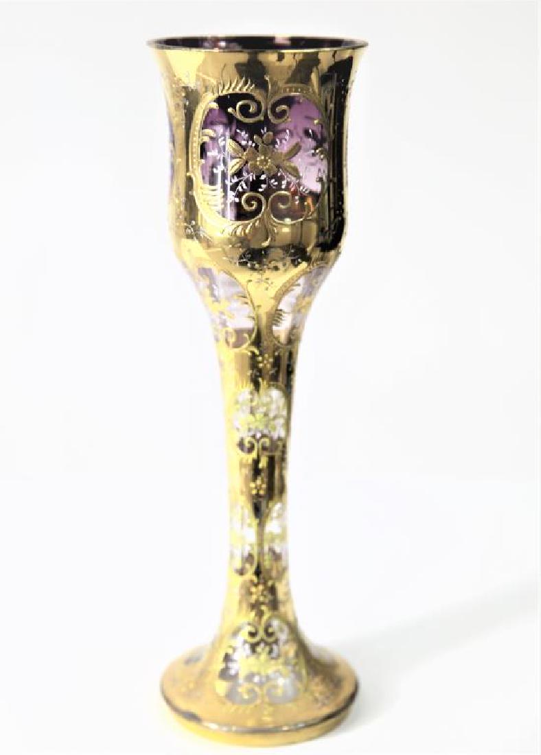 (1) Tall chalice with amethyst shading to clear: (1) Tall chalice with amethyst shading to clear, gold gilding, 13 1/8” h x 4” base x 4” rim,