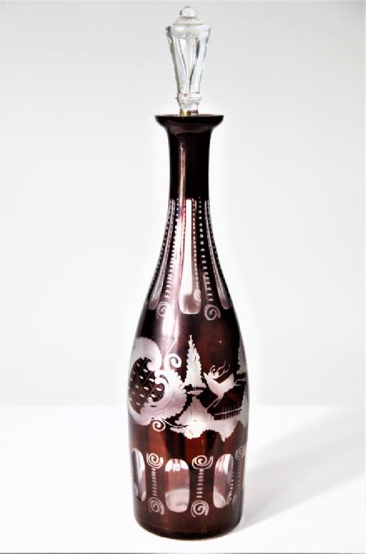 (1) Ruby decanter with clear panels, stopper (1 of 3)