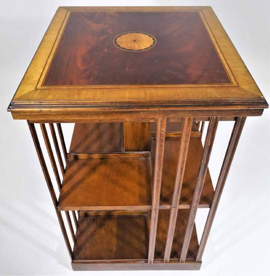 Carved English Edwardian Rotating Bookshelf with Inlay: Carved English Edwardian Rotating Bookshelf with Inlay 19 1/2" x 19 1/2" x 32"