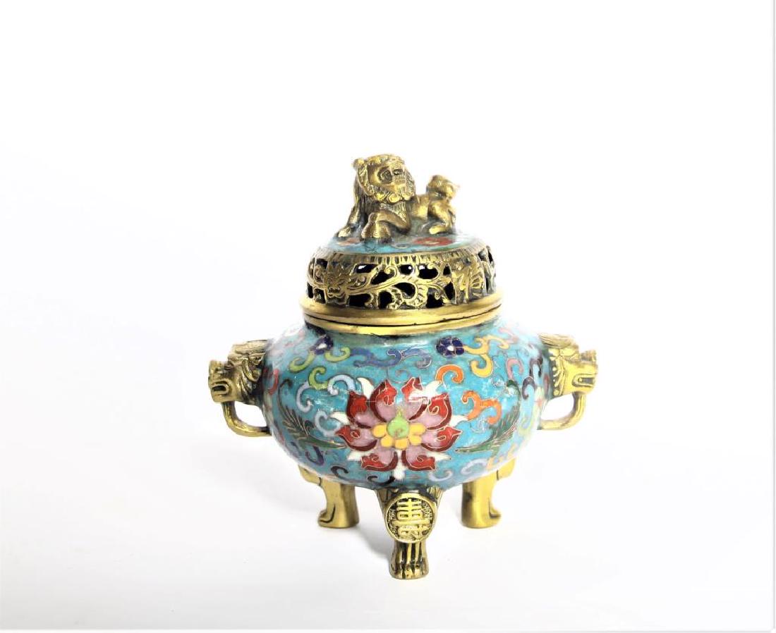 Chinese Cloisonne Incense Burner: Chinese Cloisonne Incense Burner 20th C Size: 7 x 4 3/4"