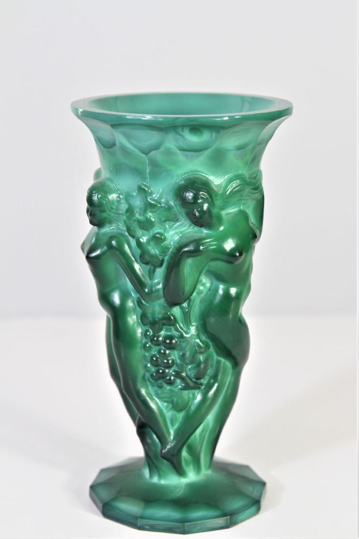 Czech Malachite Pedestal Vase with Nude Figures: Czech Malachite Pedestal Vase with Nude Figures dancing, Bohemian style_x000D_ Size: 8.5 x 4.5 in