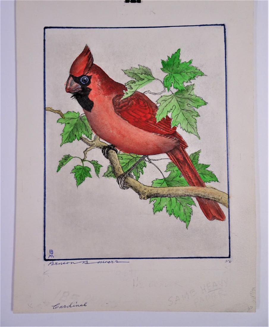 Benson Bond Moore (1882-1974) "Cardinal": Cardinal, signed lower left corner, unframed colored etching.Sight Size: 11 x 8 1/4 in.Overall Size: 16 x 13 1/4 in.
