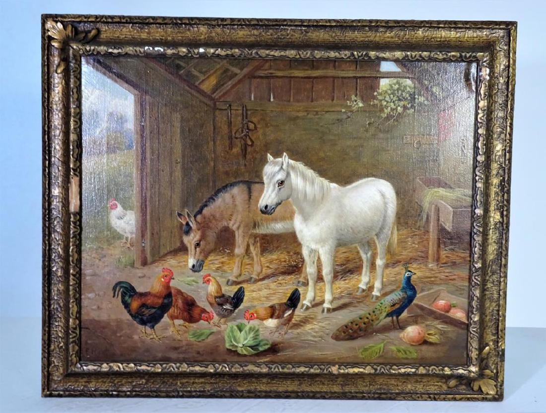 Edgar Hunt (1876 - 1955) Farm Scene, OIl on Canvas: Edgar Hunt (1876 - 1955) Oil on Canvas. Edgar Hunt was best known for his paintings of chickens but he also painted other birds such as ducks which were very popular during the period. Highly successf