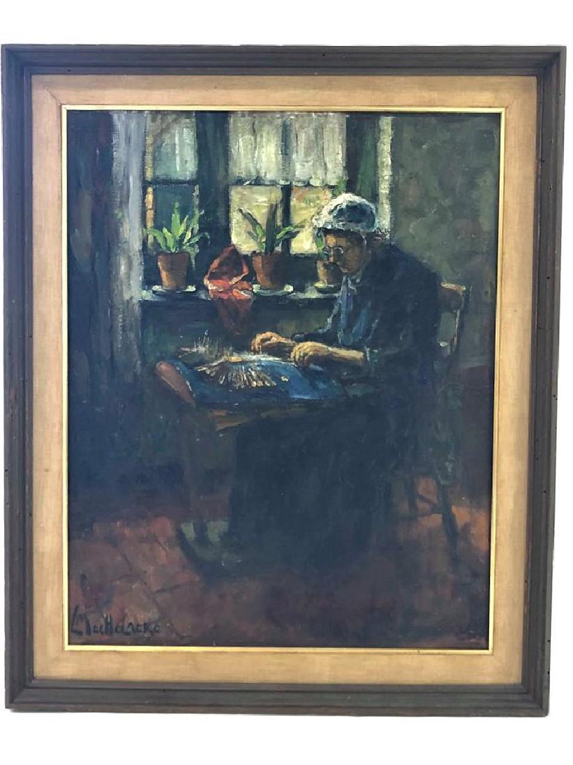 Leo Mechelaere (1880-1964), Oil / Panel, Belgium: Leo Mechelaere (1880-1964), Oil / Canvas / Board Titled: "Begin at the Window" (interior of a house in the Beguinage in Bruges) Belgium CONDITION - By registering to bid for this auction (either in-ho