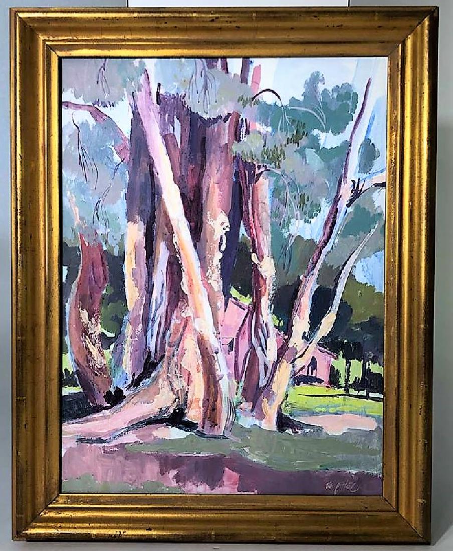 Vee J Hill (1921-2011) "Banyon Tree, Venice, FL": Signed lower right and Titled "Banyon Tree, Venice, FL" Verso Hill worked for the government during WWII creating ads for the war effort, and was later employed by Gamble Skogmo Corporation as a comme