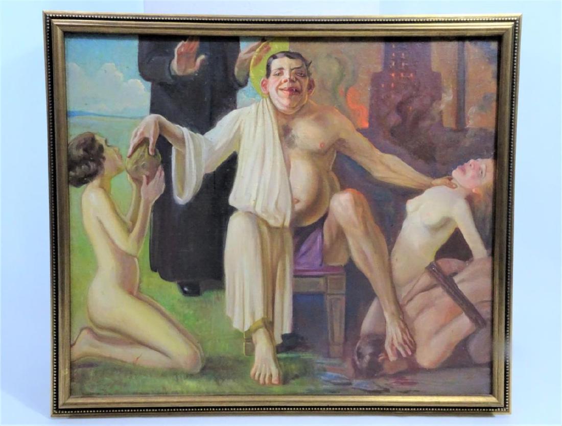 Frank von der Lancken (1872 - 1950), Oil on Canvas: Â“NeroÂ”, a framed oil-on-canvas from the estate of Frank von der Lancken. An unusual painting by Franck von der Loncken. It depicts a modern-day Nero who abuses people while his city burns. Ner