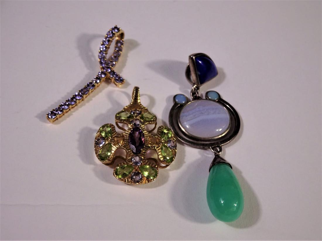 (3) Pendants, 14k Gold & Sterling Silver: 14 k gold purple pendant, sterling pendant All about 2 in 120