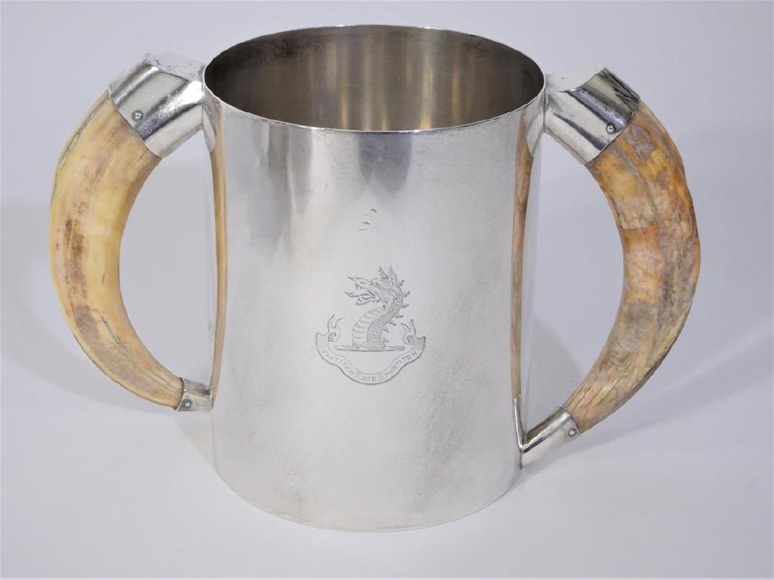 Antique English Sterling Silver Presentation Cup: Coat of Arms Crest on the front 7 x 10 in JTH over JHM into a quatrefoil John Thomas Heath & John Hartshorne Middleton of Hukin & Heath. Birmingham 1900 Hallmark David Crichton 89 Princes St. Edinburg