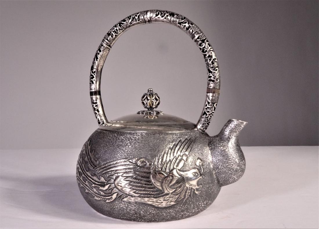 Japanese Sterling Silver Engraved Teapot & Handle: 5 x 5 in